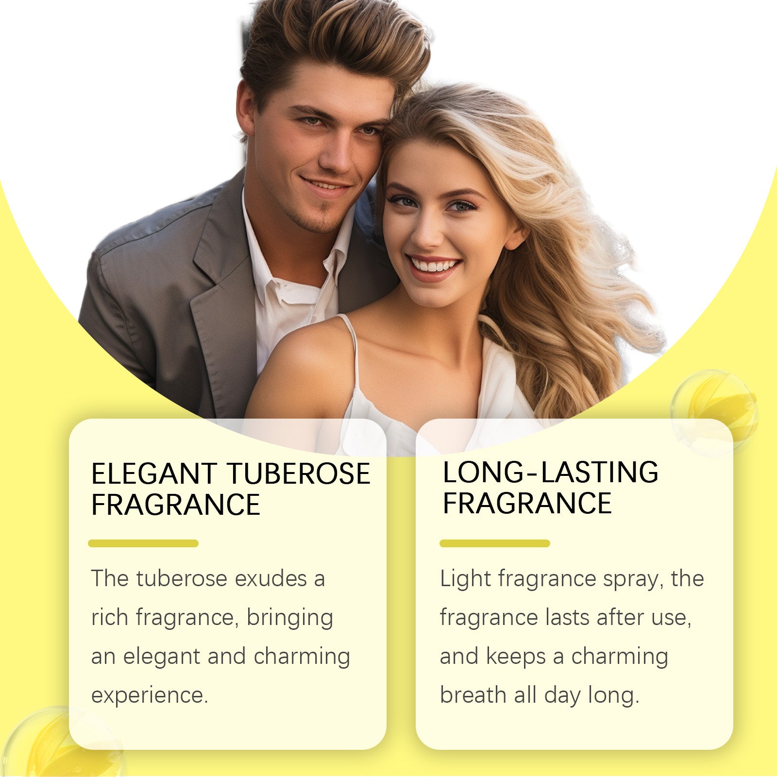 EELHOE Ylang Ylang Evening Body Perfume Spray promotional image featuring a smiling couple with elegant floral styling, highlighting long-lasting tuberose and ylang ylang fragrance, lightweight body mist, fresh floral scent, and all-day wear.