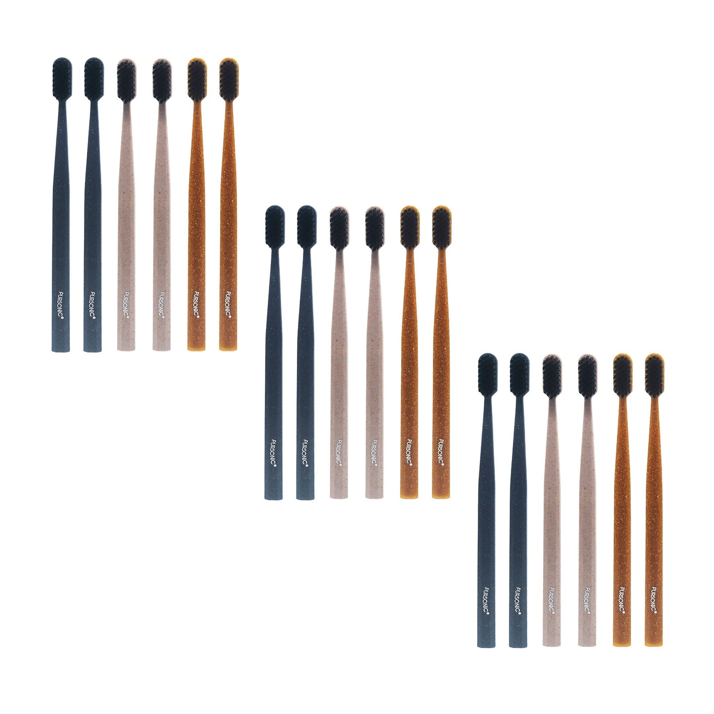 Pursonic Eco Essentials Bundle: 3 Packs of 100% Cedarwood Toothbrushes (6-Pack Each) – 18 Natural, Sustainable Toothbrushes for the Whole Family-0