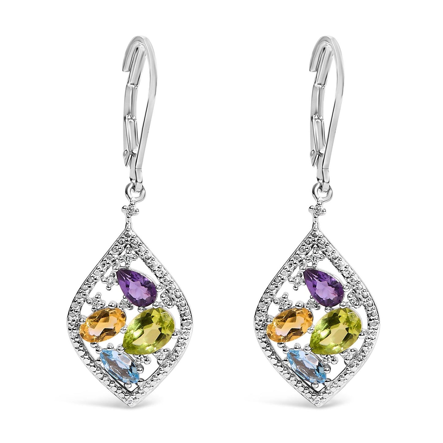 Sterling Silver Diamond Accent Multi Stone Rhombus Drop Earrings-0