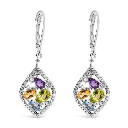 Sterling Silver Diamond Accent Multi Stone Rhombus Drop Earrings-0