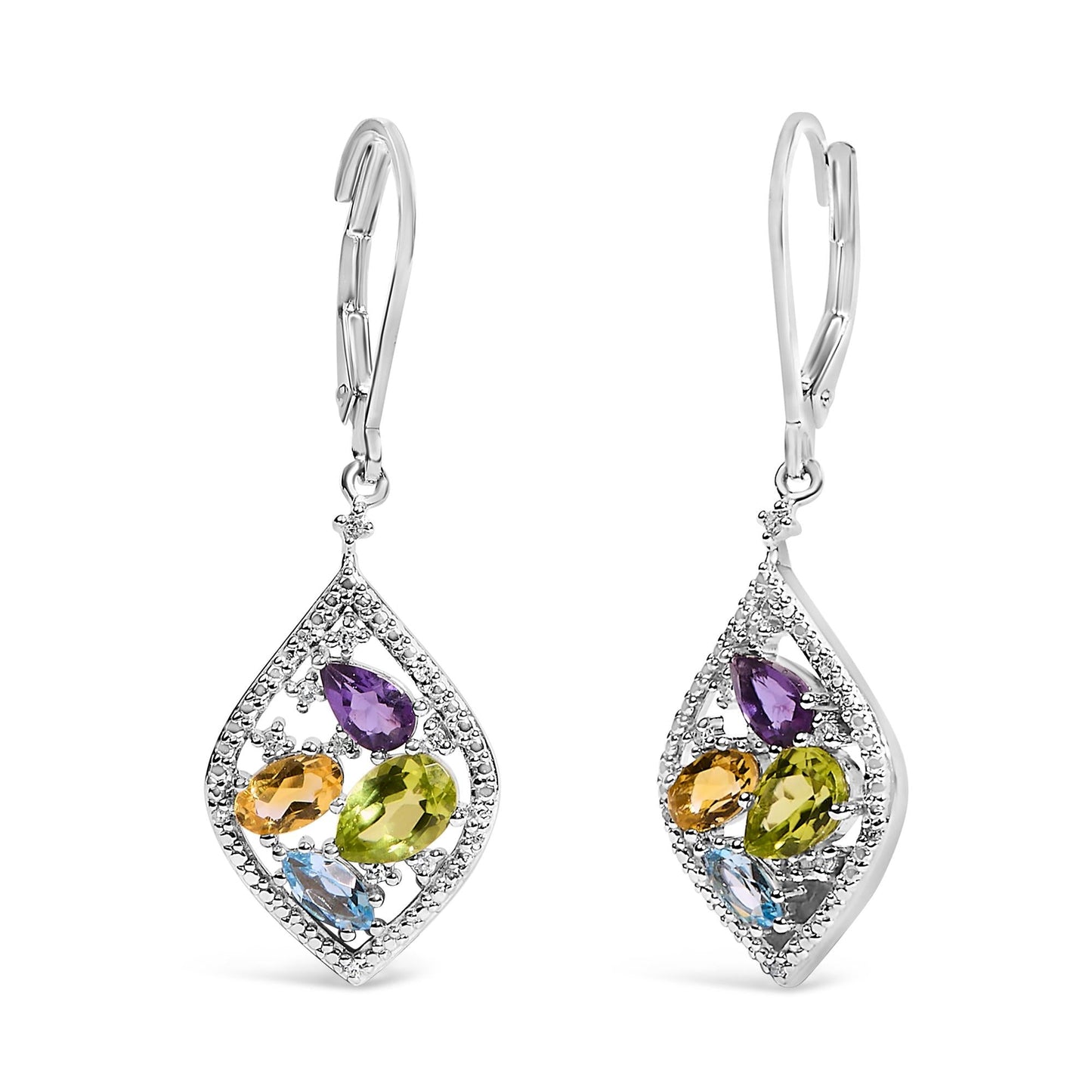 Sterling Silver Diamond Accent Multi Stone Rhombus Drop Earrings-1