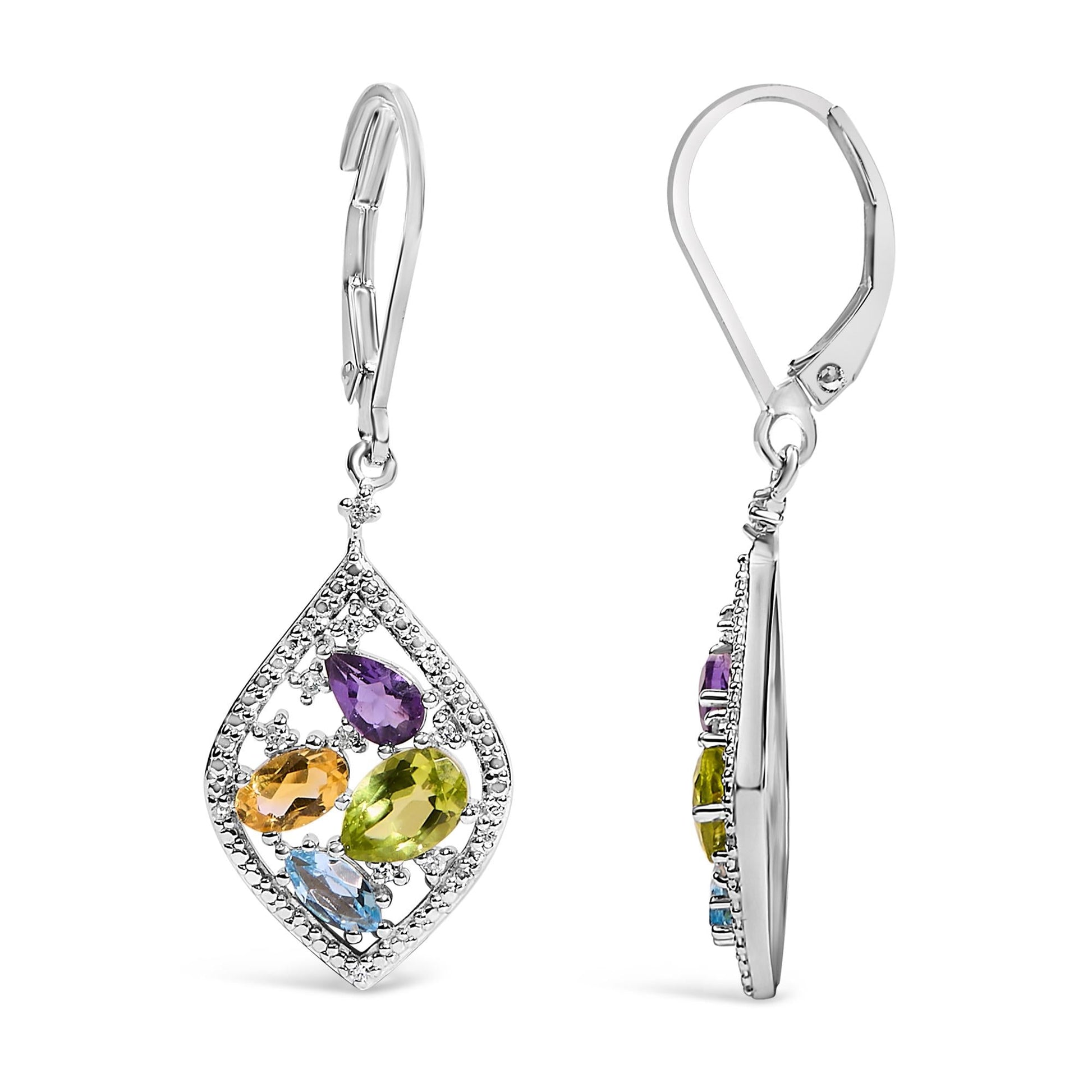 Sterling Silver Diamond Accent Multi Stone Rhombus Drop Earrings-3