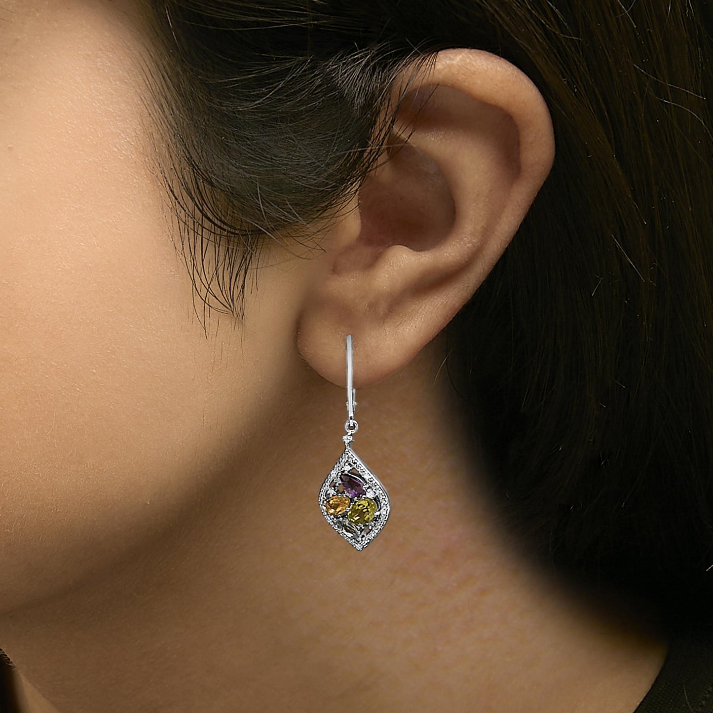 Sterling Silver Diamond Accent Multi Stone Rhombus Drop Earrings-2