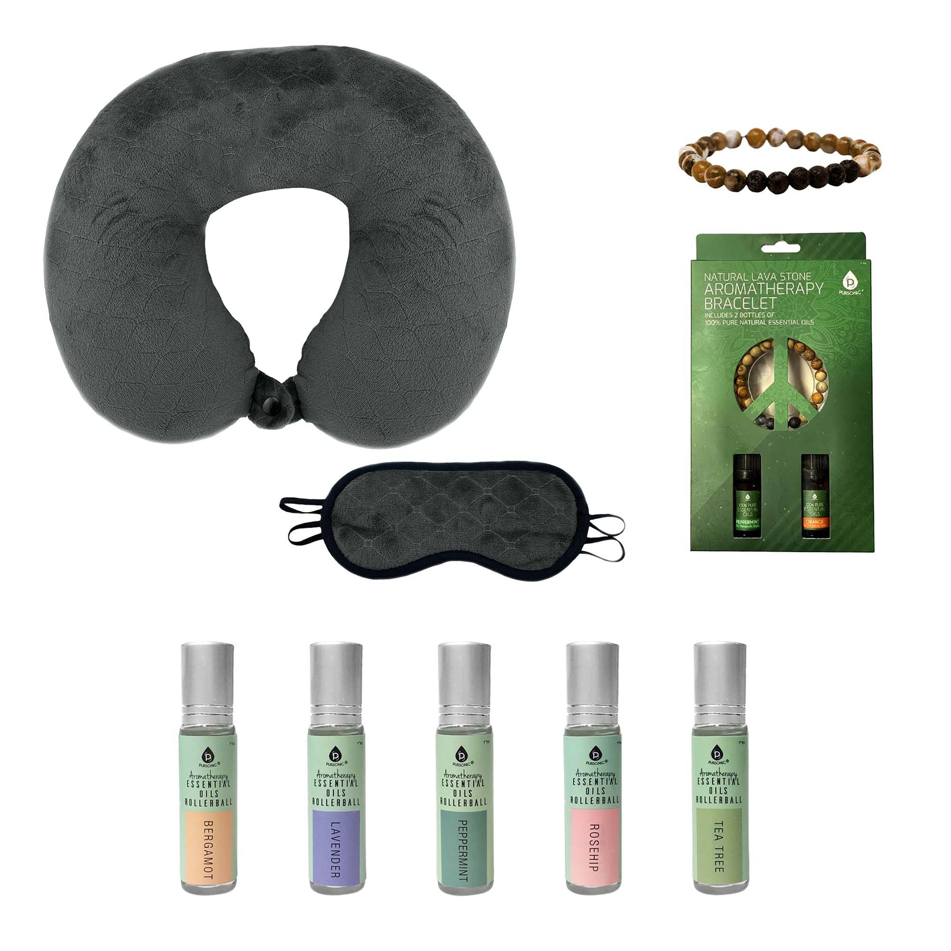 Sleep Serenity Set: Pursonic Aromatherapy Essential Oils Rollerballs, Lava Stone Bracelet, and Memory Foam Travel Pillow with Sleep Mask-0