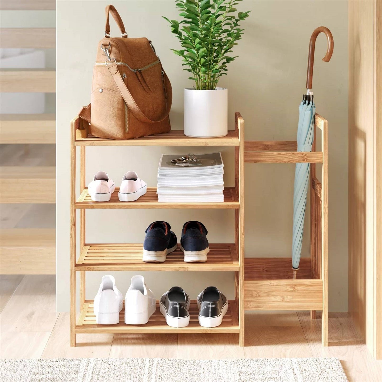 2-Shelf Entryway Shoe Rack Bench with Bla2-in-1 Entryway 4-Shelf Bamboo Shoe Rack and Umbrella Holderck Metal Frame and Brown Wood Top-2