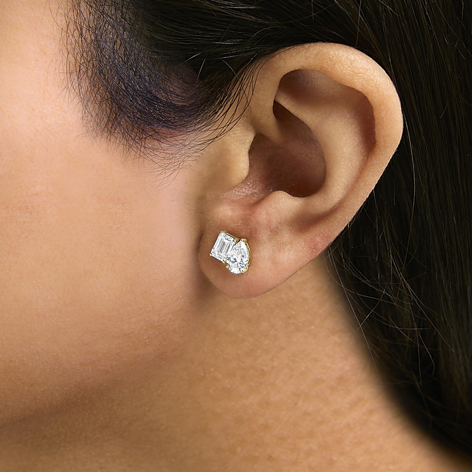 14K Gold 2.0 Cttw Emerald and Pear Toi et Moi Lab Grown Diamond Stud Earrings-4