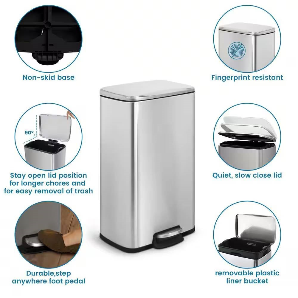 8-Gallon Stainless Steel Kitchen Trash Can with Step-on Lid-3