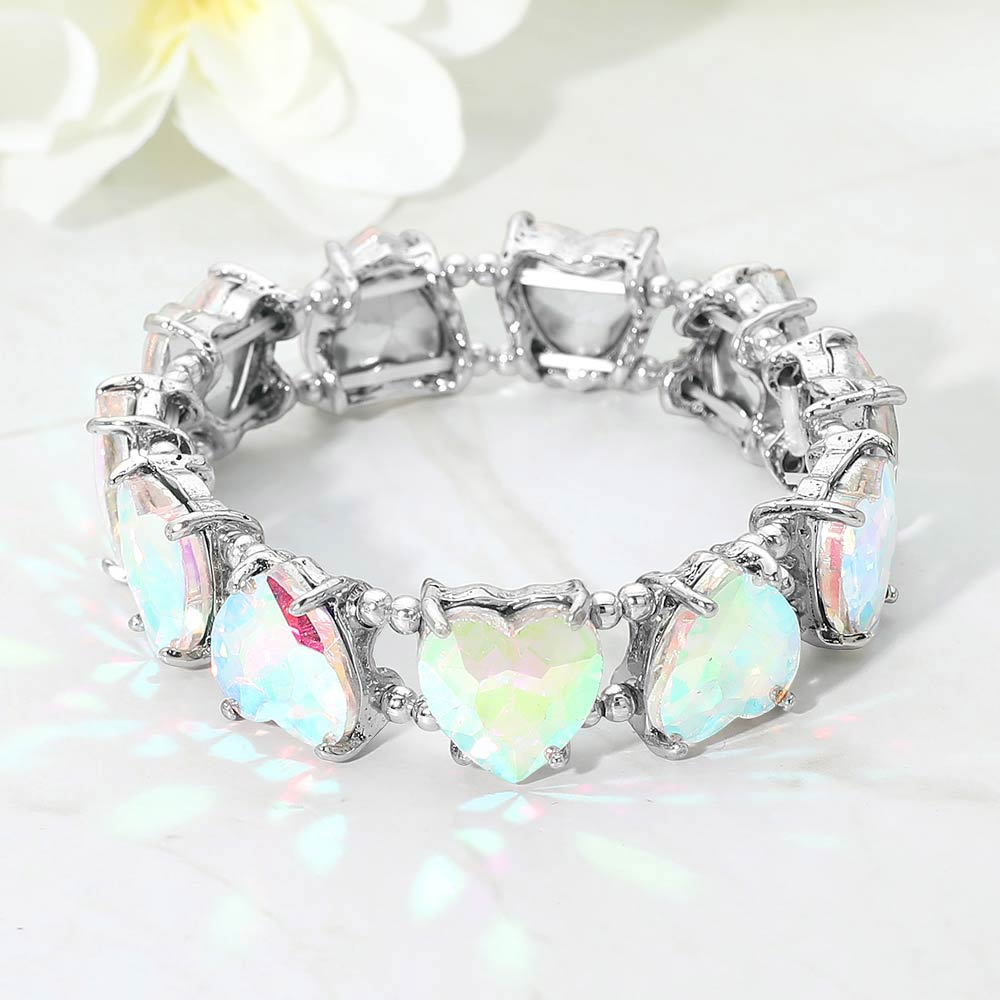 Heart Stone Cluster Beaded Stretch Evening Bracelet