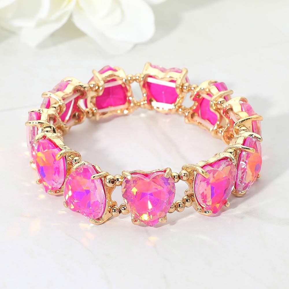 Heart Stone Cluster Beaded Stretch Evening Bracelet