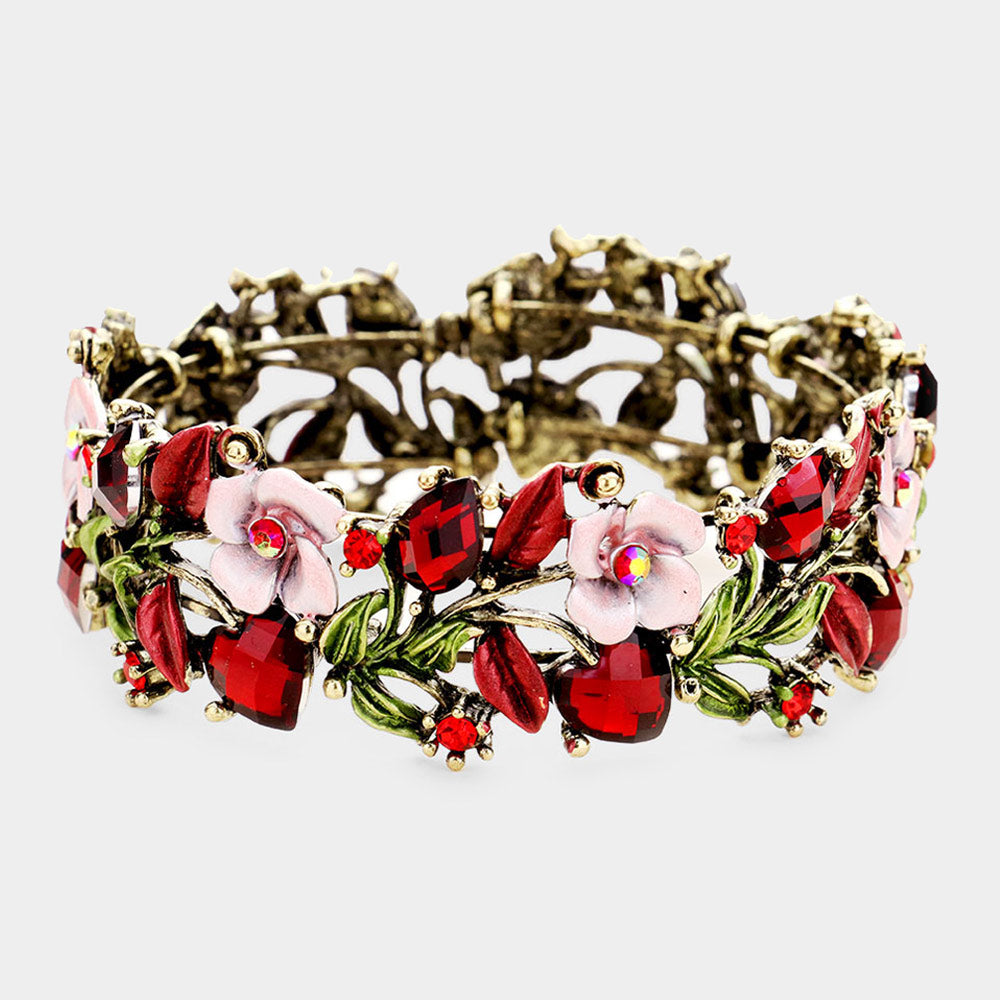 Glass Crystal Metal Flower Leaf Evening Bracelet