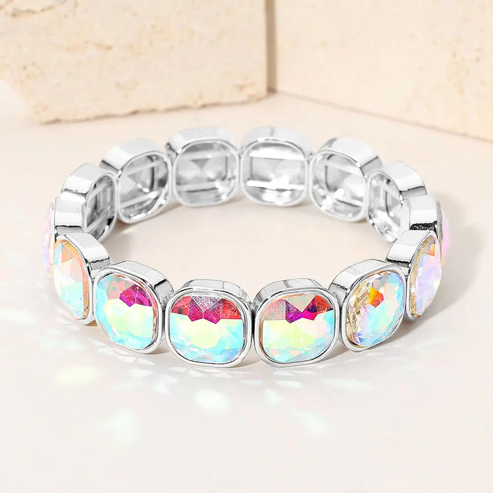 Square Cut Gem Beaded Stretch Evening Bracelet