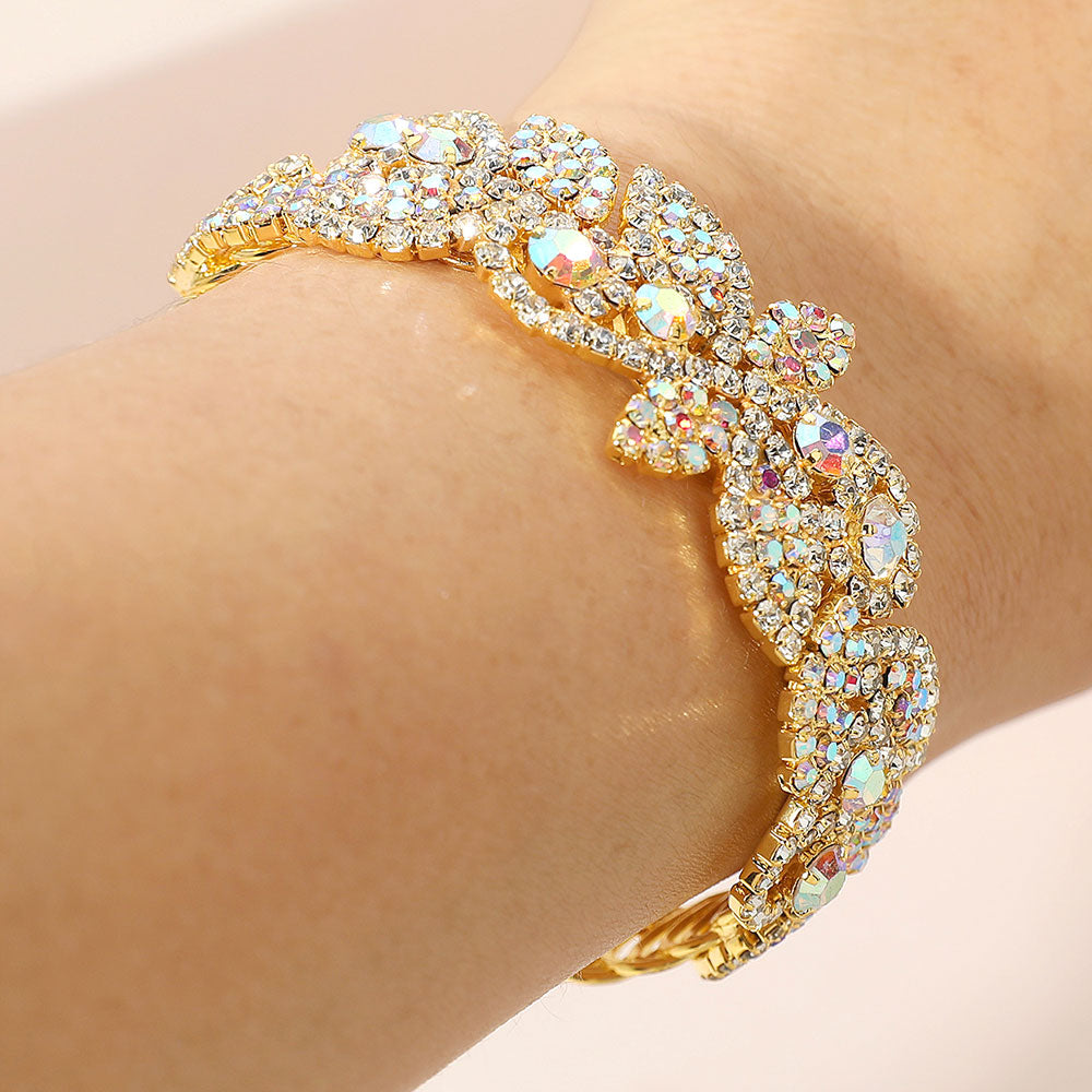 Rhinestone Paved Floral Leaf Adjustable Evening Bracelet