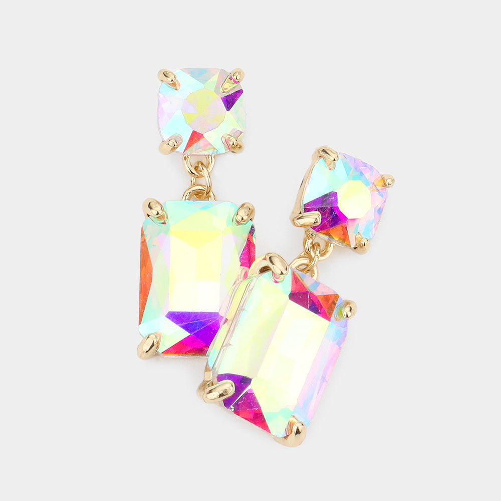 Square Rectangle Glass Stone Link Drop Dangle Earrings