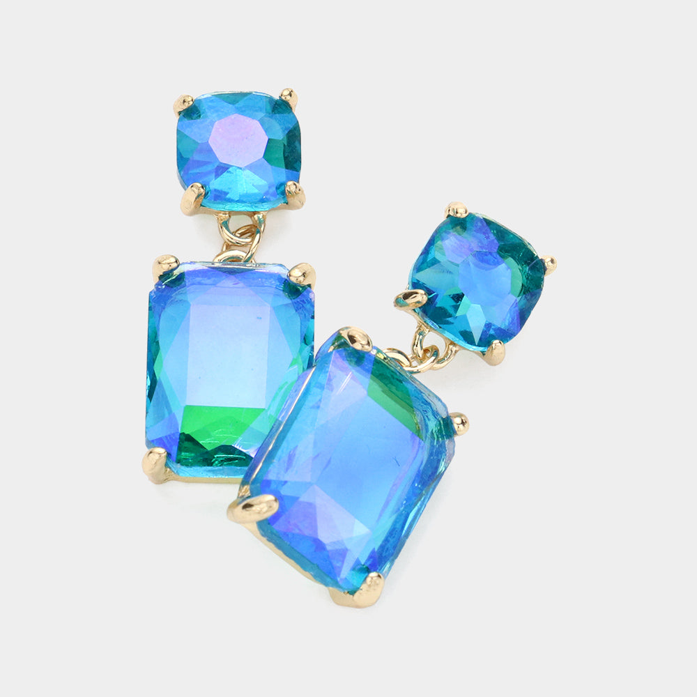 Square Rectangle Glass Stone Link Drop Dangle Earrings