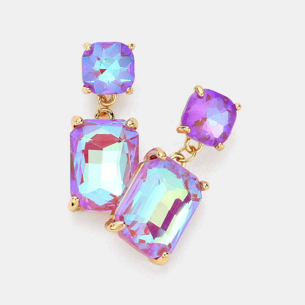 Square Rectangle Glass Stone Link Drop Dangle Earrings