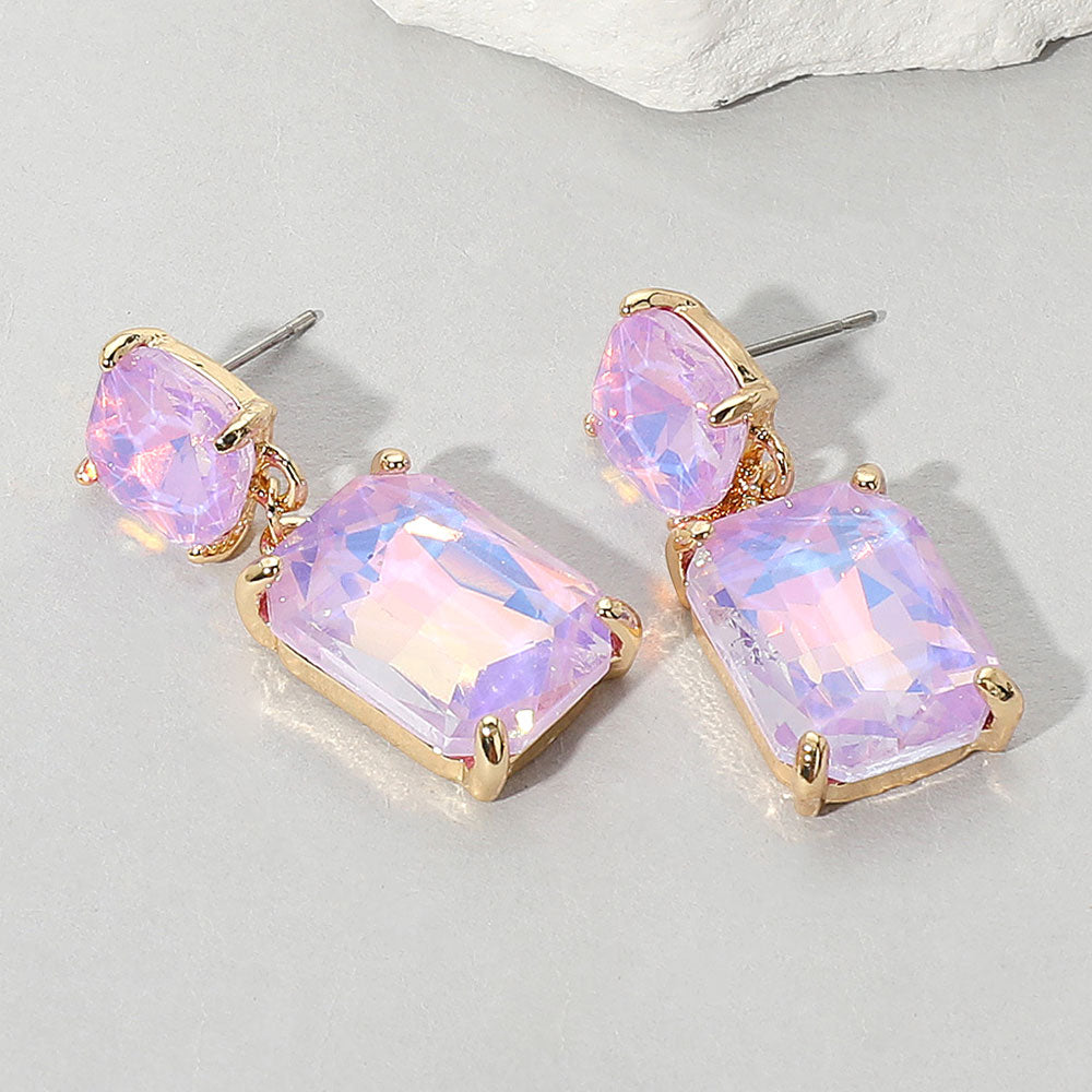 Square Rectangle Glass Stone Link Drop Dangle Earrings