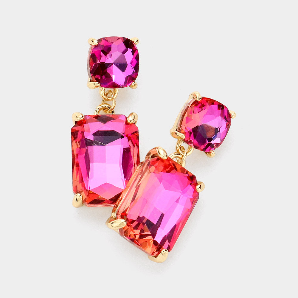 Square Rectangle Glass Stone Link Drop Dangle Earrings