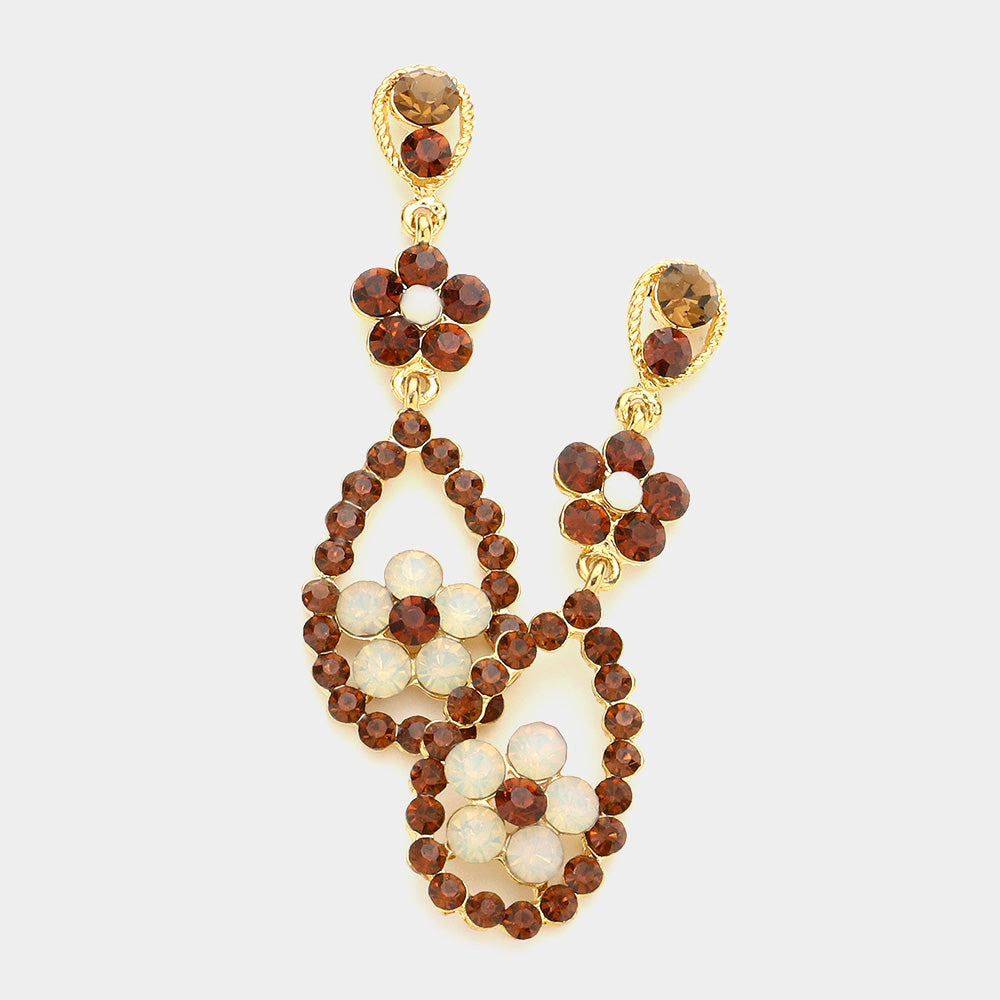 Round Rhinestone Flower Dangle Drop Evening Earrings