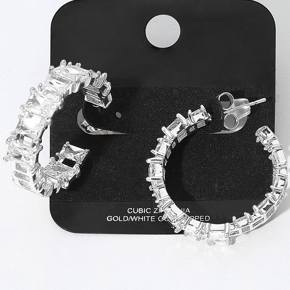 Gold Dipped Square CZ Stone Cluster Around Evening Hoop Earrings