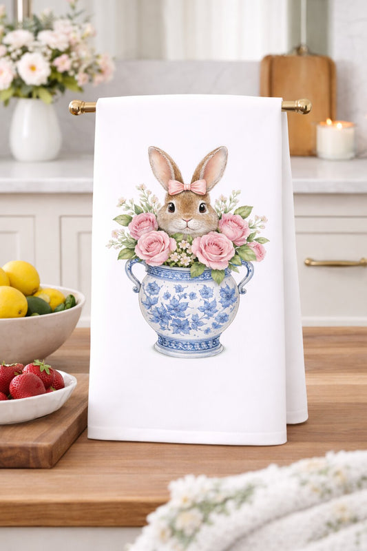 Easter Bunny in Blue Chinoiserie Vase Kitchen Towel-0