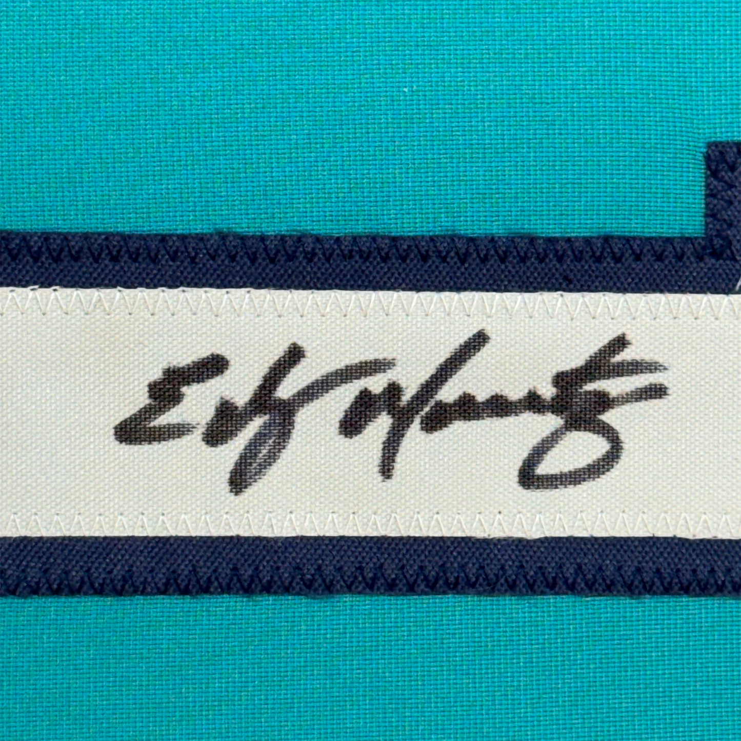 Framed Autographed/Signed Edgar Martinez 35x39 Seattle Teal Baseball Jersey JSA COA