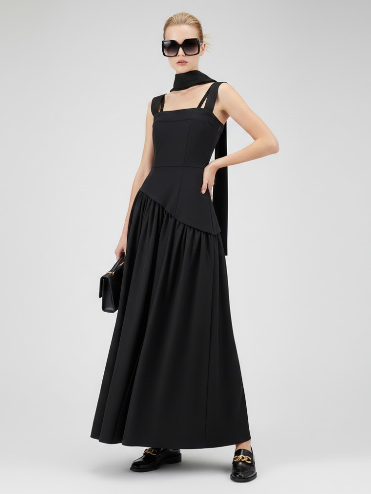 Elegant Black Maxi Dress with Multi-Strap Design and Asymmetrical Skirt • BYMANYC ® New York-1