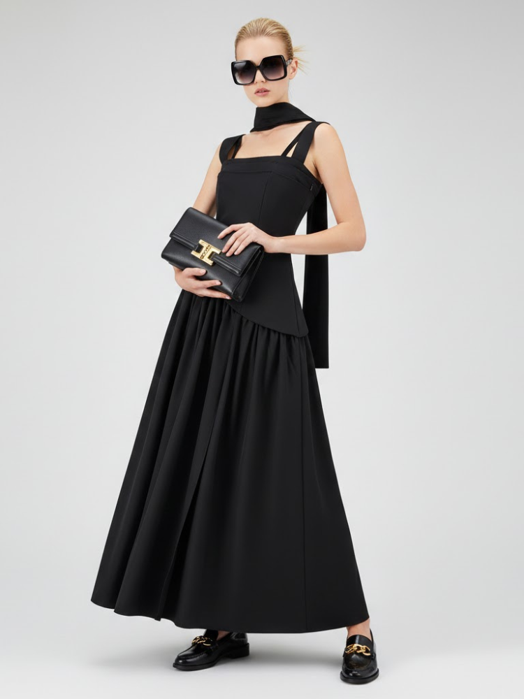 Elegant Black Maxi Dress with Multi-Strap Design and Asymmetrical Skirt • BYMANYC ® New York-0