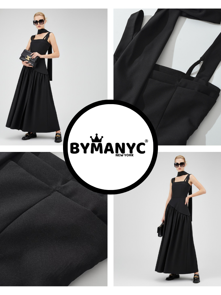 Elegant Black Maxi Dress with Multi-Strap Design and Asymmetrical Skirt • BYMANYC ® New York-2