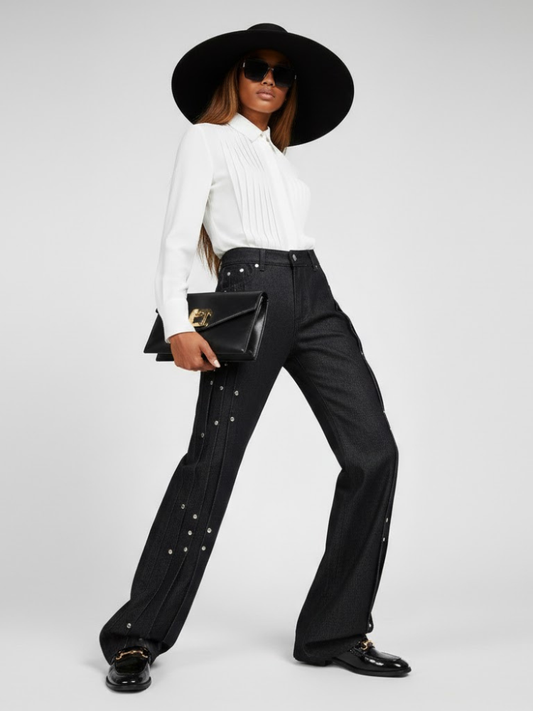 Elegant Wide-Leg Denim Trousers with Paneling and Stud Details • BYMANYC ® New York-0