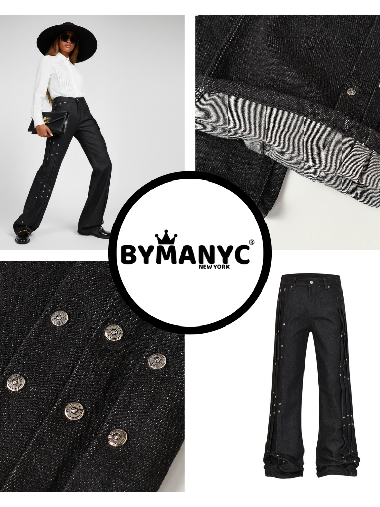 Elegant Wide-Leg Denim Trousers with Paneling and Stud Details • BYMANYC ® New York-1