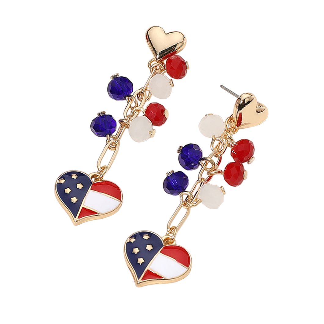 Enamel American USA Flag Heart Beaded Drop Chain Dangle Earrings