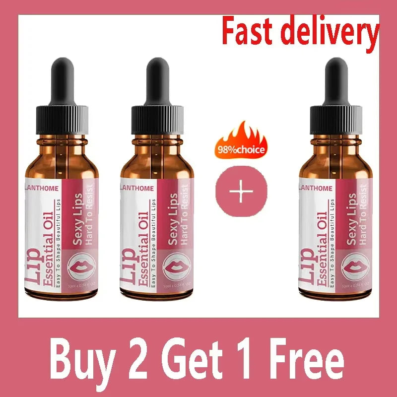 Three bottles of Lanthome Sexy Lips Essential Oil with promotional text on a red background