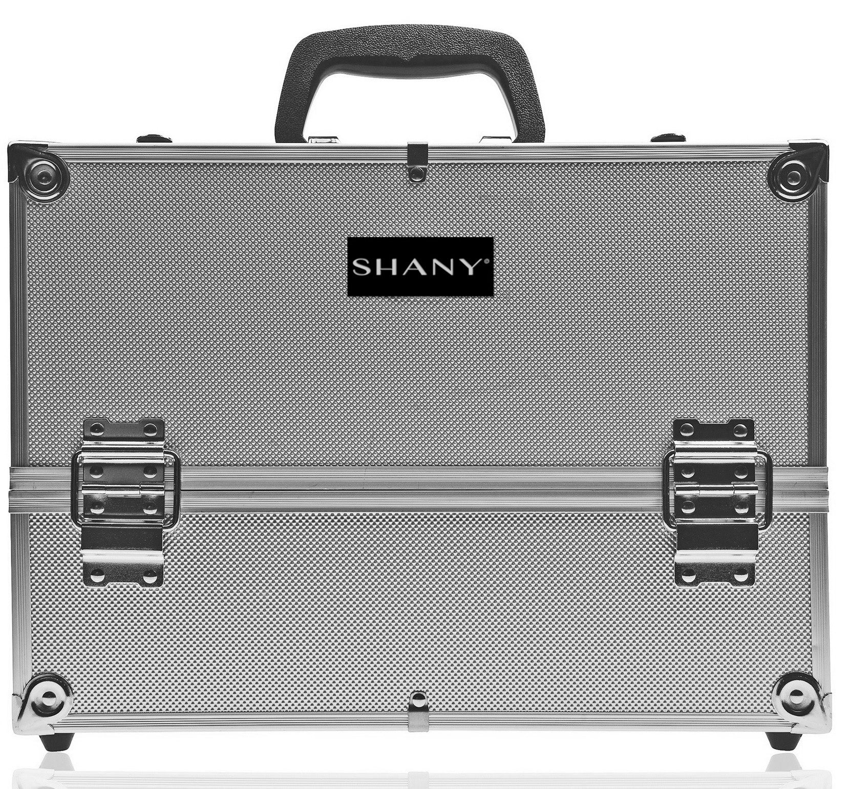 Silver aluminum professional makeup train case with locking latches, reinforced corners, top carry handle, and SHANY logo on a white background.
