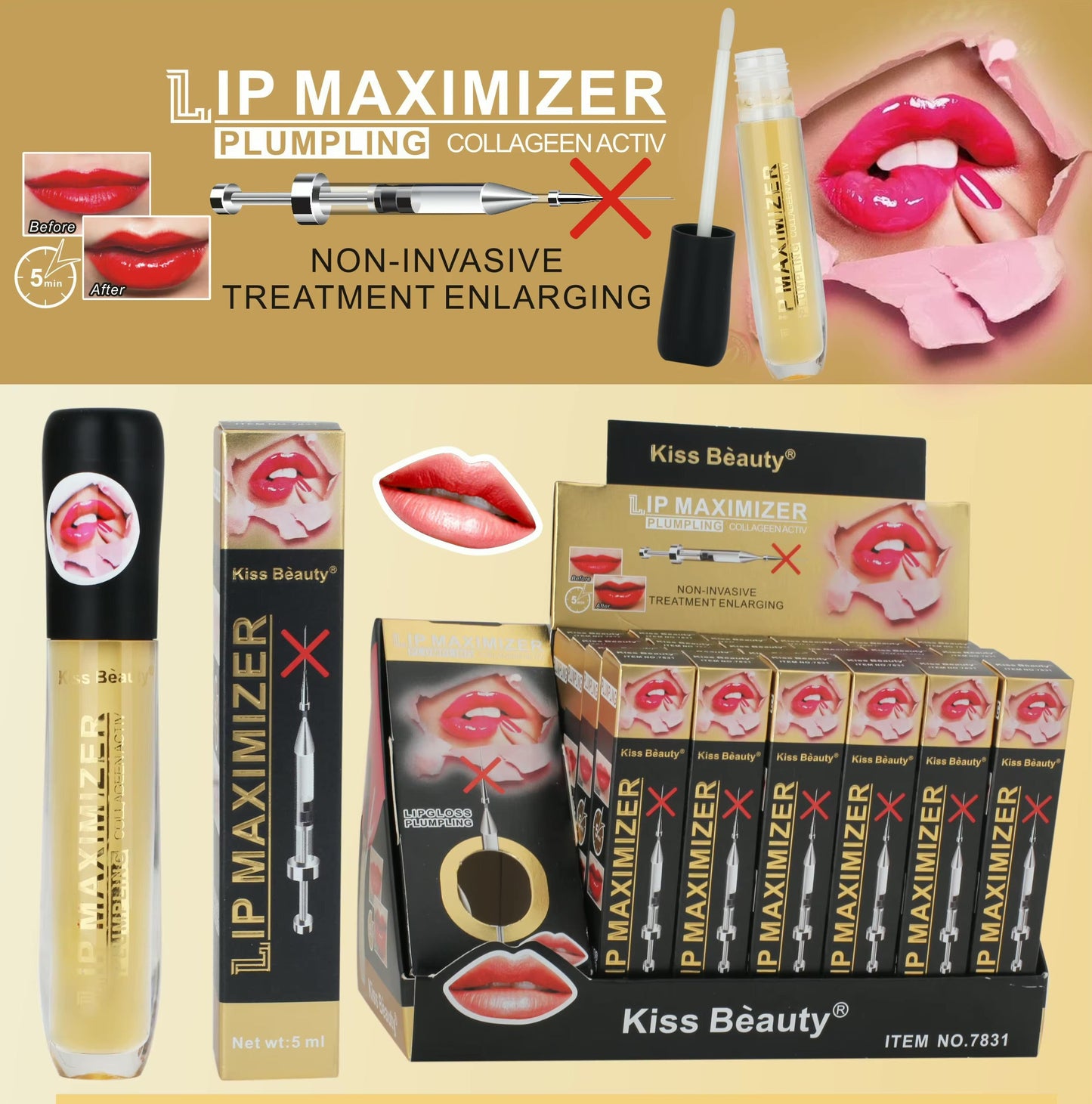 Kiss Beauty lip maximizer product packaging with promotional text on a beige background