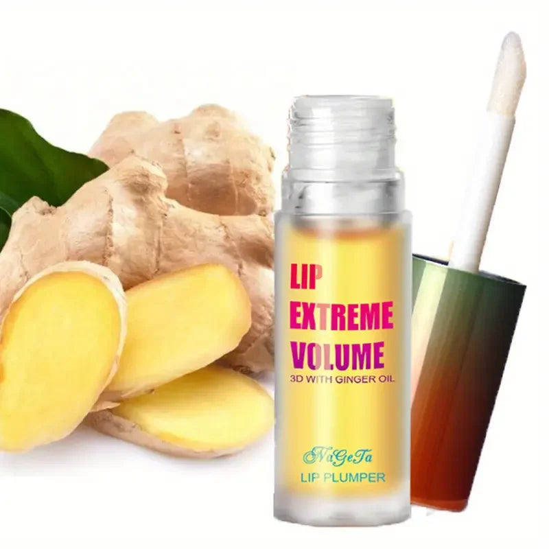 Lip plumper bottle with ginger root on a white background