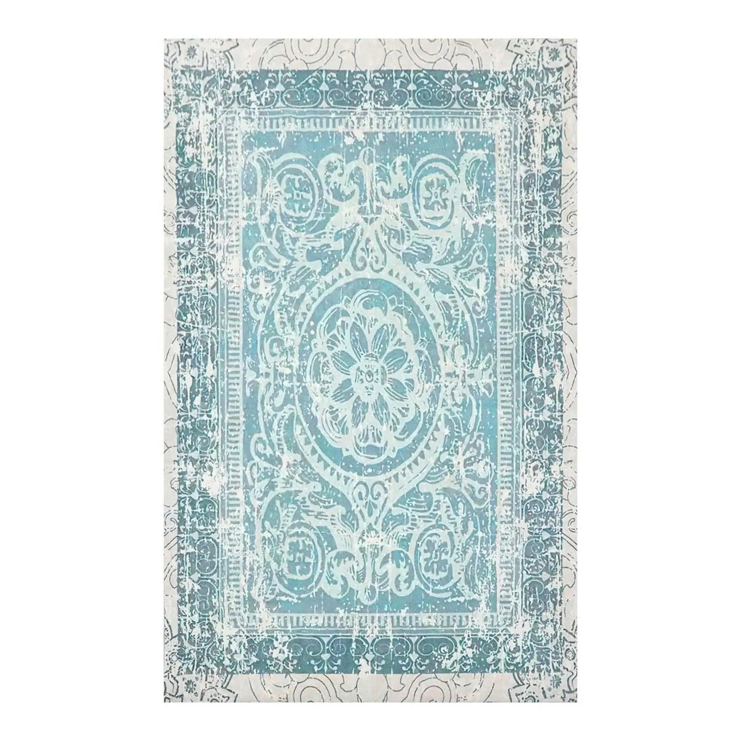 Multi Sizes Aqua, Beige Machine Made Modern & Contemporary Velvety Soft Pile Tibetan Oriental Area Rug-1