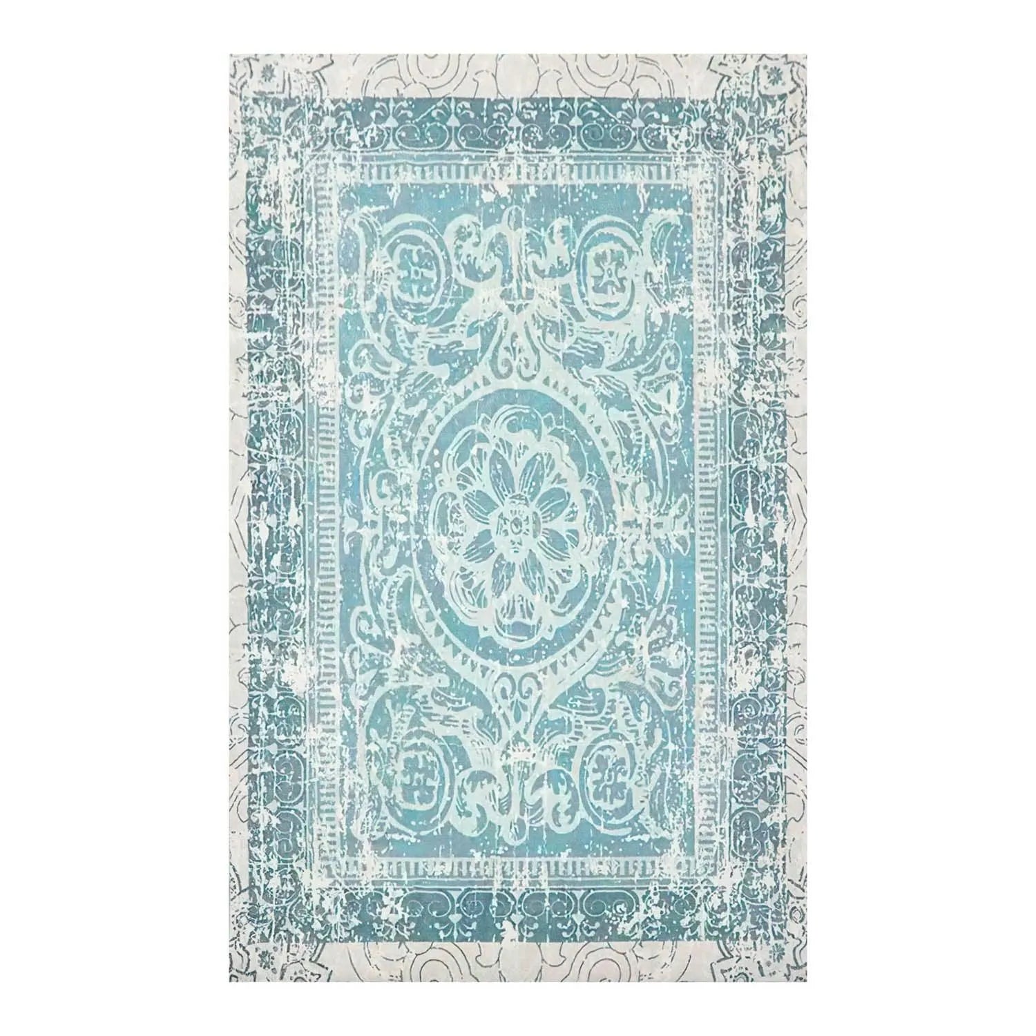 Multi Sizes Aqua, Beige Machine Made Modern & Contemporary Velvety Soft Pile Tibetan Oriental Area Rug-1