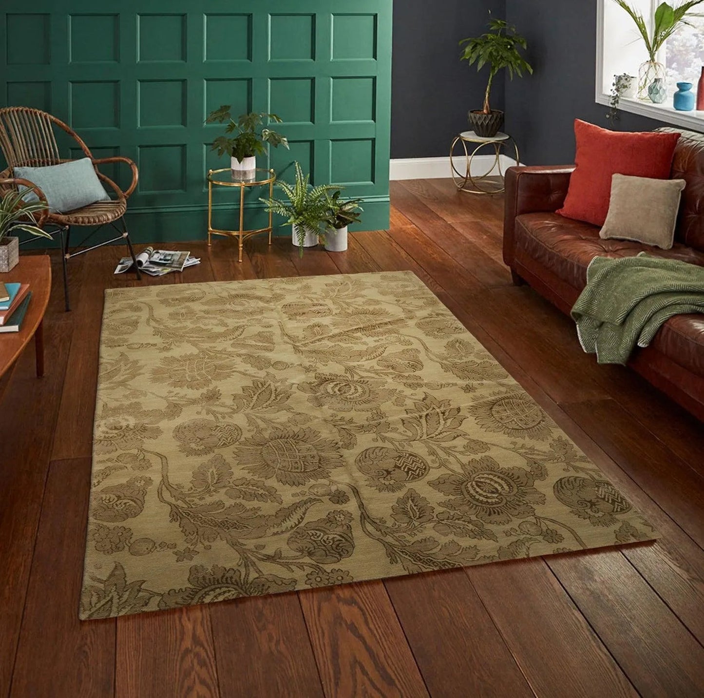 6x9 Olive Green Lapchi Hand Knotted Botanical Wool & Silk Tibetan Transitional Area Rug-0