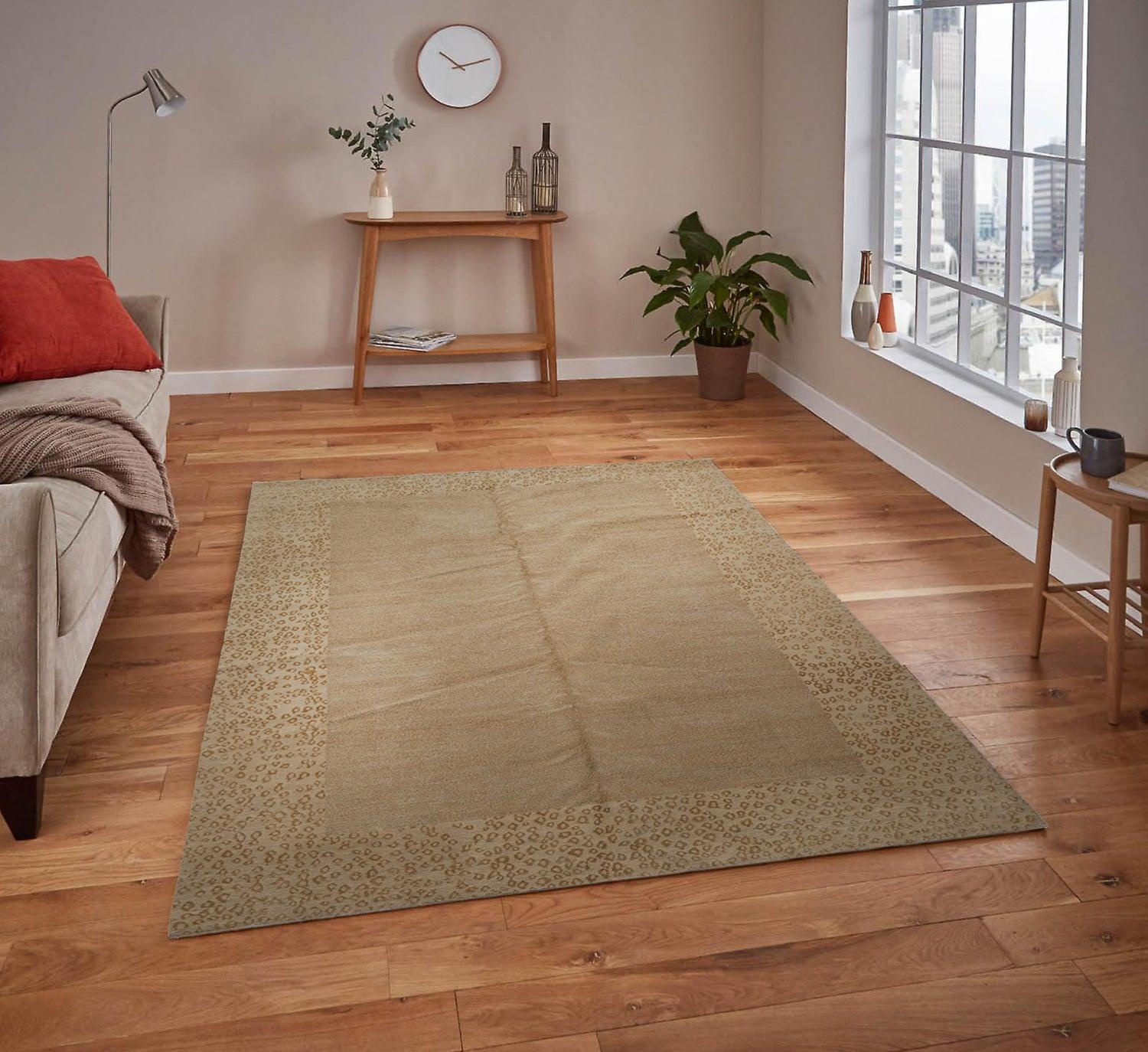 6'1" x 9' Lapchi Hand Knotted Wool & Silk Animal Print Tibetan Area Rug Beige-0