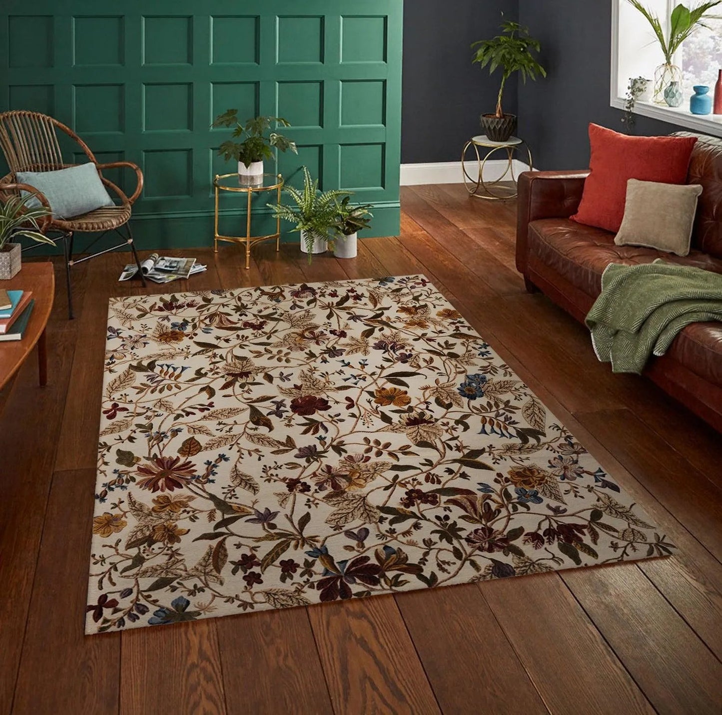 8x10 Beige, Rust Hand Knotted Wool Botanical Loop N Cut High Low Pile Tibetan Area Rug-0
