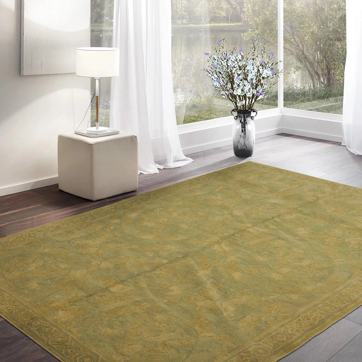 French Aubusson Savonnerie Hand Knotted Wool Area Rug Lime 6’ x 8’11”-0