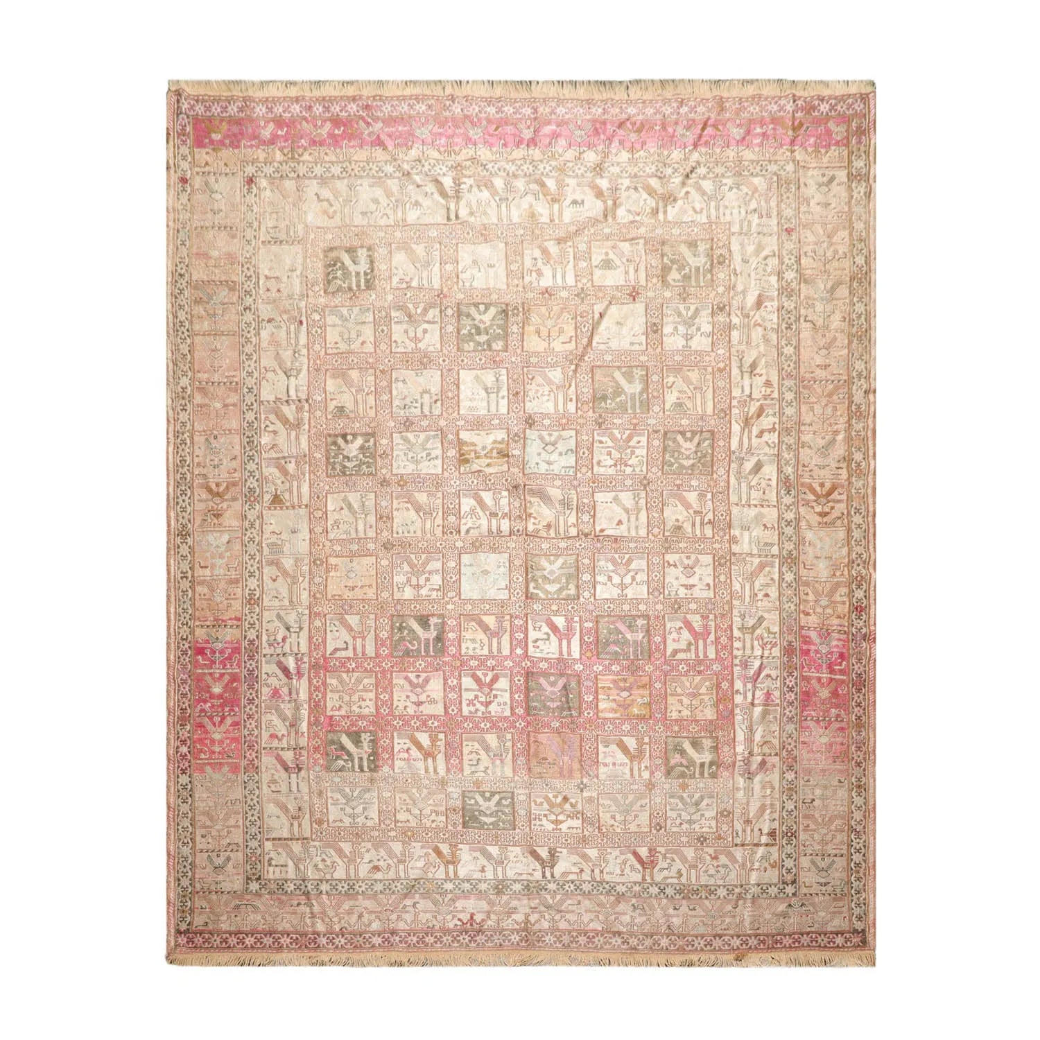 6x9 Beige, Tan Hand Knotted Persian 100% Silk Traditional Pictorial Authentic Soumak Oriental Area Rug-1
