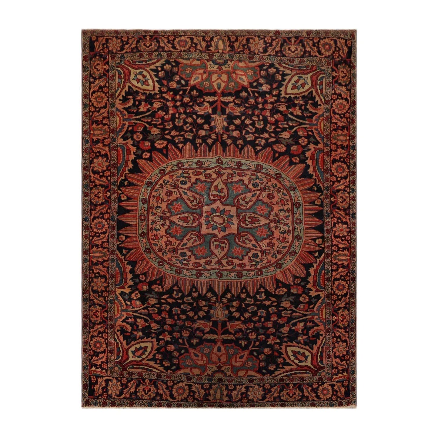 4' 11''x6' 9'' Hand Knotted 100% Wool Antique  Traditional Oriental Area Rug Midnight Blue, Rose Color-1