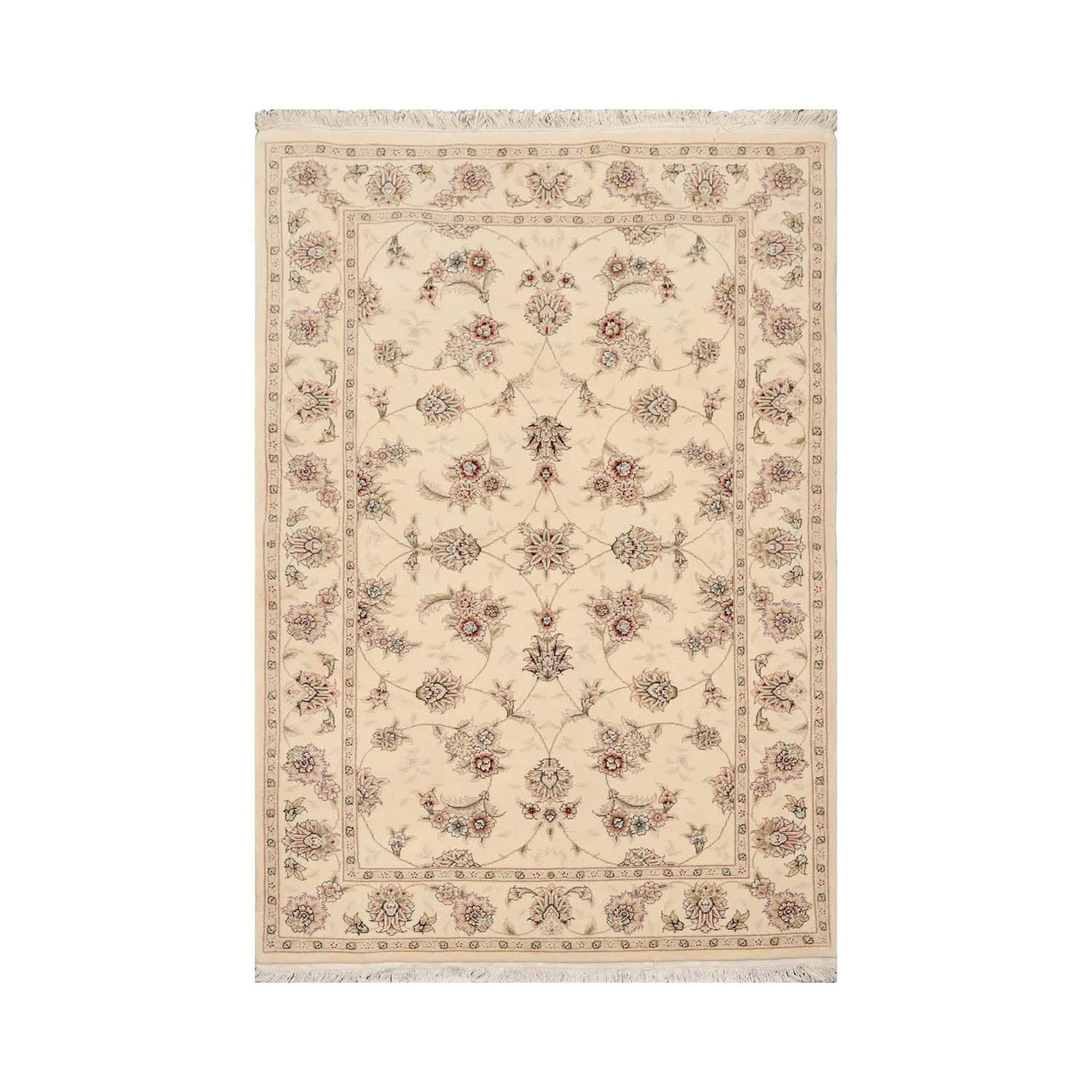 4'x6'Ivory, Brown Hand Knotted Sino Persian Wool and Silk Sino Persian Traditional 300 KPSI Oriental Area Rug-1