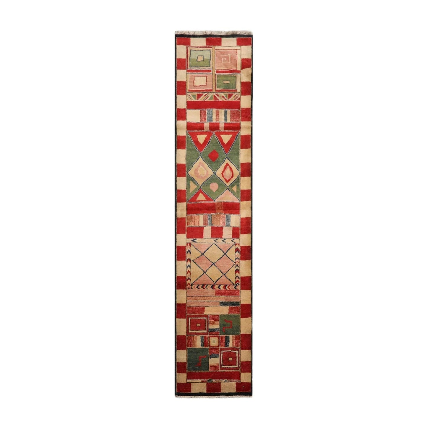 2'7''x12'3'' Runner Red, Green Hand Knotted Tibetan 100% Wool Michaelian & Kohlberg Modern & Contemporary Oriental Area Rug-1