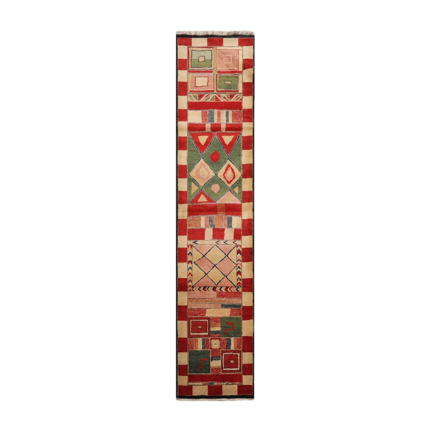 2'7''x12'3'' Runner Red, Green Hand Knotted Tibetan 100% Wool Michaelian & Kohlberg Modern & Contemporary Oriental Area Rug-1