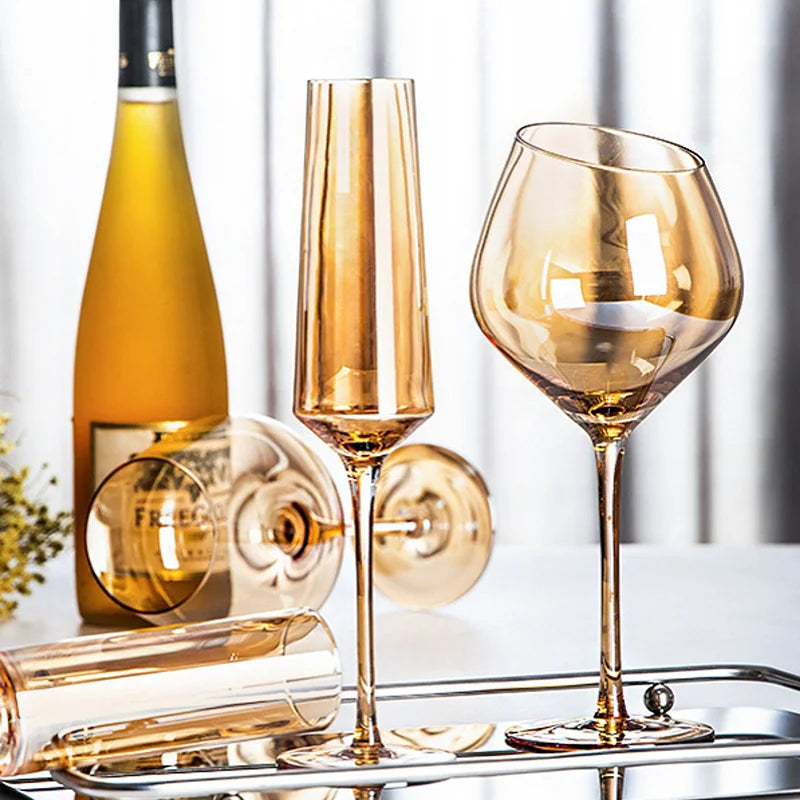 1pcs Nordic Golden Unleaded Crystal Wine Glass Luxury Amber Handmade Champagne Glasses Cocktail Goblet Set Bar Family Drinkware