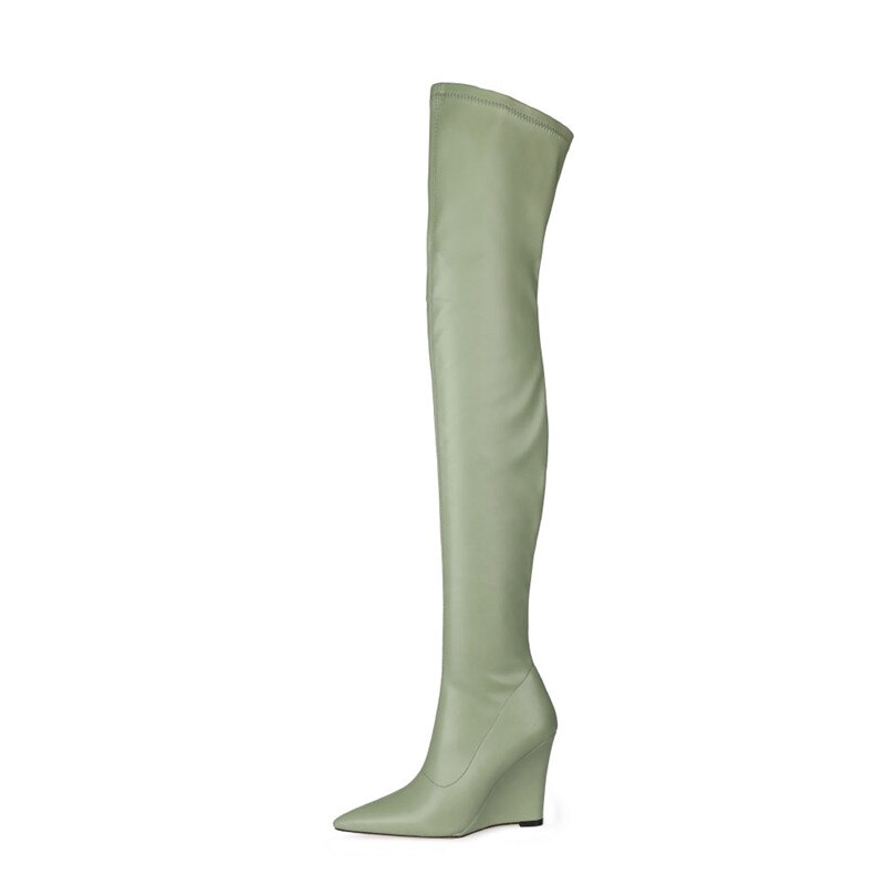 Elegant Woman Thigh High Botas Outdoor Wedges Leather Slip-on Ladies Shoes Thick Bottom Over-knee Boots Big Size 33-43