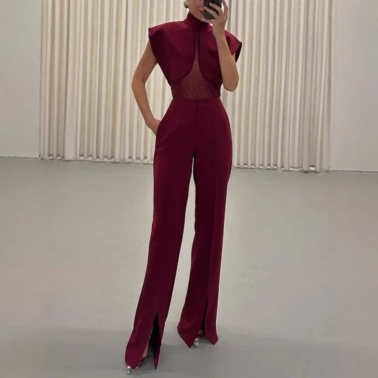 Wine red stand collar sleeveless mesh spliced jumpsuit with high-end split trousers set