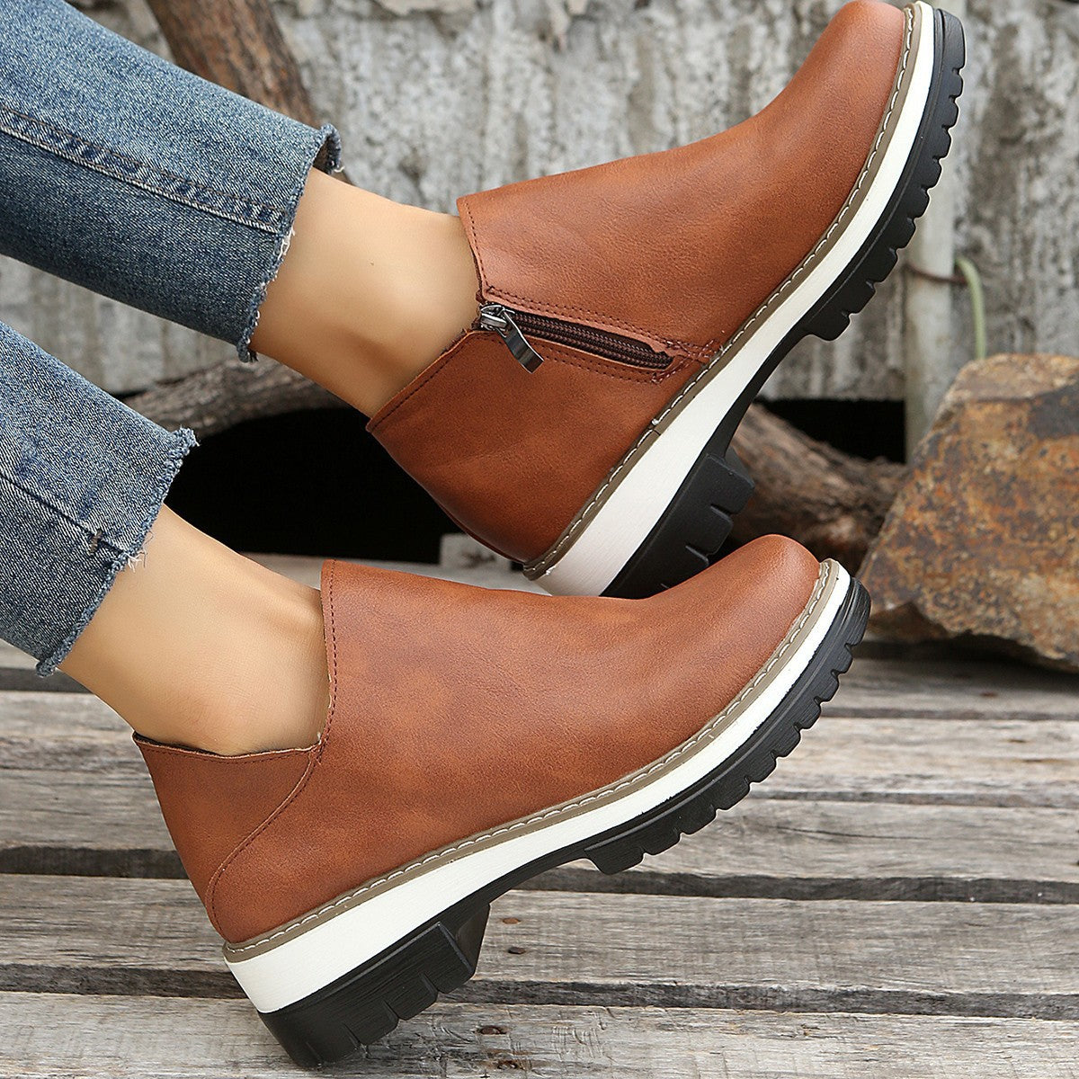 Women's single shoe low heel side zipper all season wearing style